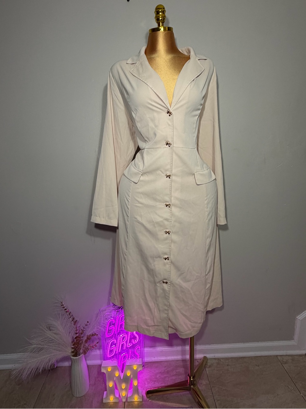 Tailored Cream Button-Front Midi Dress
